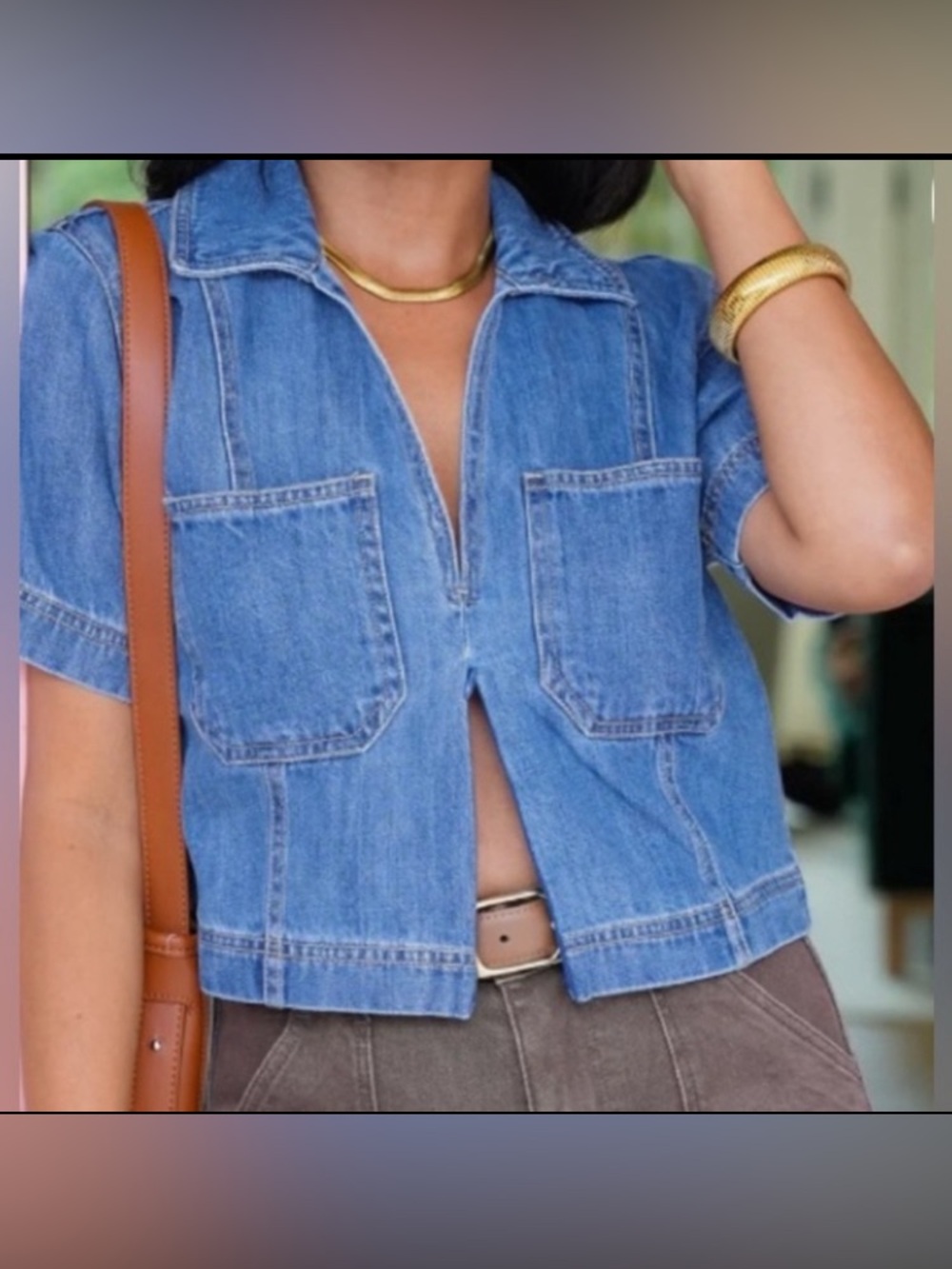 Risen Denim Crop Short Sleeve V Neck/open Front/Medium Wash: Size Large